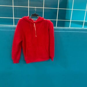 Cozy Red Hooded Women's Sweater with Front Pocket